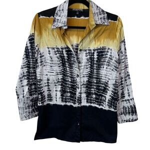 Mishca Womens Abstract Tie‎ Dye Button Down Shirt Mustard Grey Black Size S
